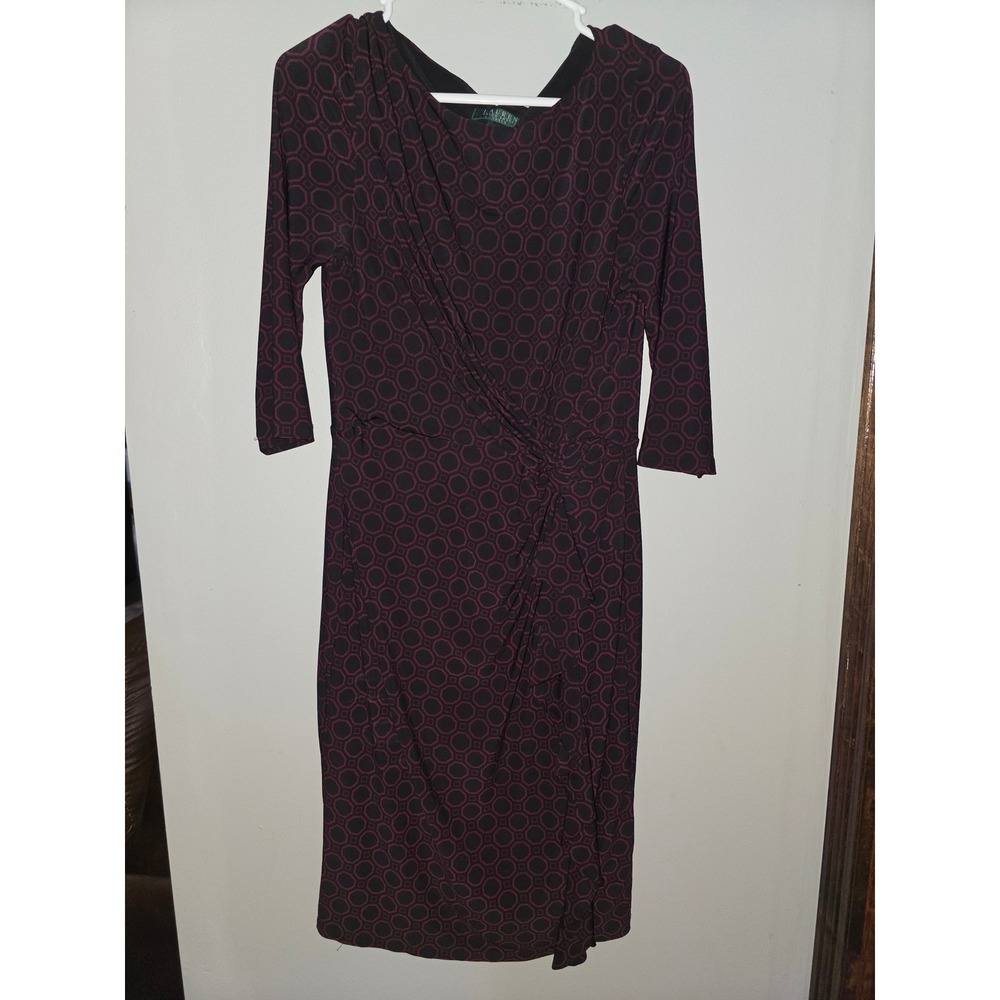Lauren Ralph Lauren Burgundy Black Geometric Knot Front Sheath Dress 10